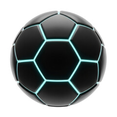 Futuristic black soccer ball with glowing blue neon lines, ideal for e-sports, gaming, tech marketing, sports event promotion, or digital design assets, isolated on white & transparent background.