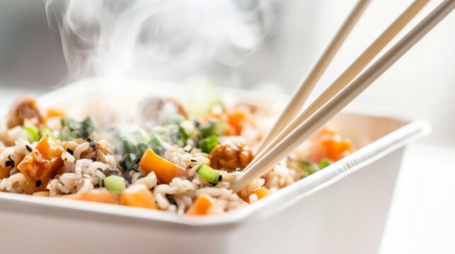 Steaming asian takeout delight cozy kitchen food photography warm environment closeup perspective