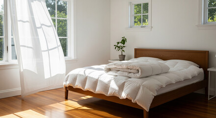 Fototapeta premium A bright and peaceful bedroom scene with a stack of cozy blankets on a minimalist bed. Sunlight streams through a large window, creating long