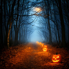 Spooky Halloween Forest Path with Glowing Jack-o'-Lanterns | Autumn Night