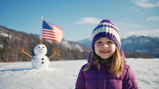 Smiling girl in purple winter jacket with snowman and waving American flag in snowy mountain landscape, joyful child portrait with dynamic camera motion and vibrant outdoor scene