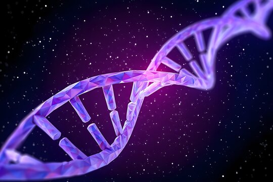 Purple dna strand against a starry background with a polygonal design aesthetic look