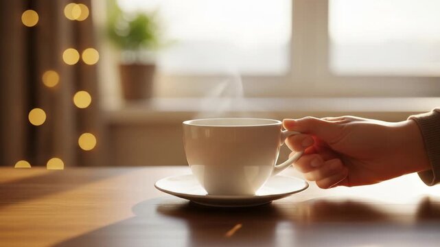 Steaming Coffee Cup on Table: Cozy Morning Relaxation Scene