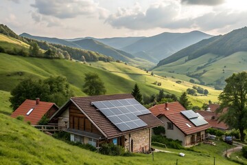 Obraz premium A picturesque rural village nestled in rolling green hills, showcasing traditional houses with solar panels on their roofs, blending rustic charm with modern sustainable energy solutions