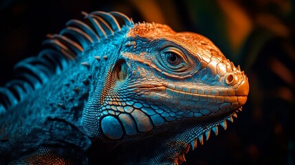 Fototapeta premium Illuminated closeup of iguana's textured skin tropical environment macro photography exotic wildlife artistic perspective for nature enthusiasts