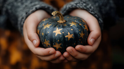 Pair of hands of a child holding a small pumpkin with painted gold stars, decoration for Halloween