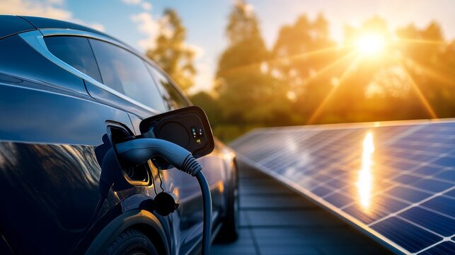 Charging electric vehicle closeup solar panel background automotive photography sunset environment perspective on sustainable energy