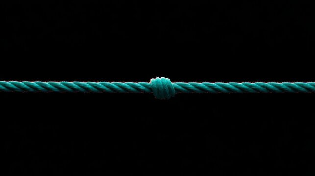 Blue rope with a knot tied in it. The rope is long and thin, and it is tied in a knot at the end. The knot is small