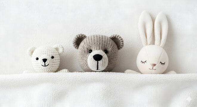 white teddy bear and rabbit toys sleep on bed