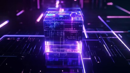 Glowing Cube on Circuit Board: Futuristic Technology Visual - Powered by Adobe