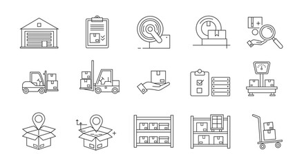 Warehouse logistics and inventory management line icon set