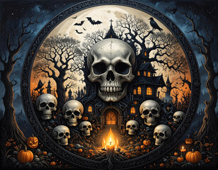 Dark Fantasy Halloween Mandala with Skulls and Haunted House