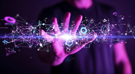 A hand glows with interconnected data visualizations in a vibrant purple and blue light, showcasing a futuristic concept of digital information.