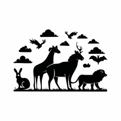 Fototapeta premium Silhouette of various wild animals amidst clouds, a striking graphic illustration