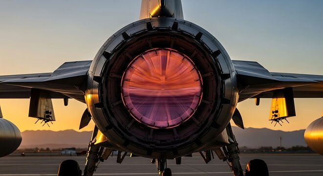 Dynamic close-up of a high-performance jet engine's fiery exhaust at dusk on a tactical airbase