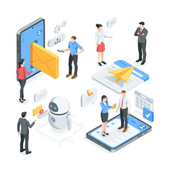 isometric vector business people sending and reading business correspondence on the internet and also chat bot, in color on a white background, working with mail