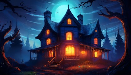 haunted house with glowing windows