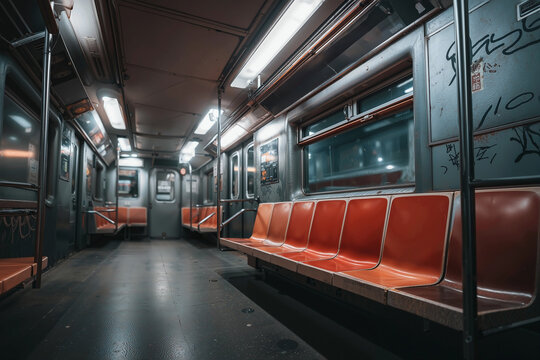 an abandoned subway train seat in a desolate, dark, and graffiti-covered underground tunnel, with eerie lighting evoking a sense of isolation and urban decay