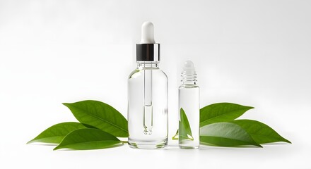 Glass Dropper Bottles with Green Leaves Essential Oil Serum Cosmetic Product Mockup