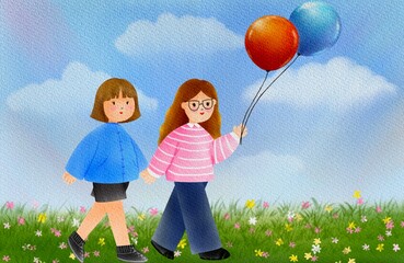 Two Girls Walking with Balloons in Flower Field Illustration