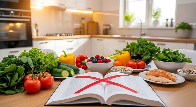 Healthy Diet Choices Fresh Produce Vegetables Fruits Open Book Dieting Recipes Forbidden Delicious Food Preparation Kitchen Table Natural Ingredients Wholesome Eating Nourishment Culinary Lifestyle