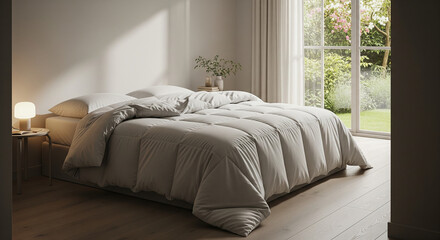 Obraz premium A serene and modern bedroom scene featuring a bed with a cozy, textured comforter and soft pillows. The room is bathed in gentle, natural light from a large window that overlooks a lush