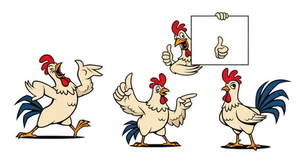 Naklejka premium Playful cartoon roosters dancing and strutting in fun colorful outfits