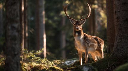 Majestic deer standing in a forest glade during golden hour light