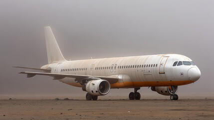 Obraz premium White and yellow airplane is sitting on the ground in a desert. The plane is old and has a rusted appearance