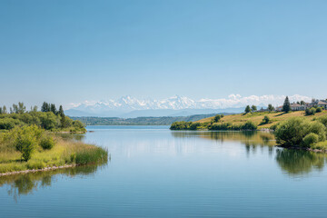 Naklejka premium experience tranquility of summer landscape where calm lake mirrors majestic mountains in calgary