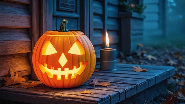 Leuchtender Halloween-K&uuml;rbis &ndash; Gruselige Dekoration mit Kerzenschein in dunkler Nacht