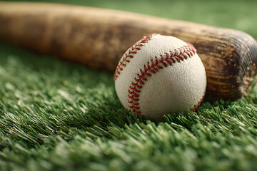 Baseball and bat rest on green artificial turf in a close up sports equipment scene