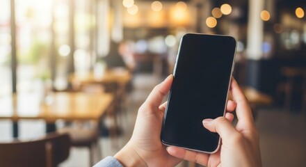 Close-up view of a person holding a smartphone with a blank screen, inside a cafe.