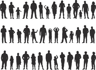 Human silhouette set, diverse people poses, adults and children, standing figures, posture variety, black icons, crowd concept, visual diversity