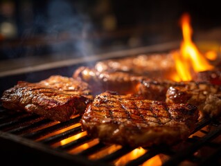 Steaks grilling on barbecue with flames and smoke. Grill flavor concept