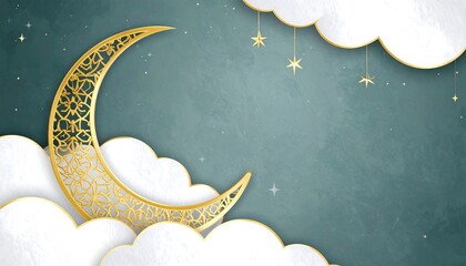 Elegant gold crescent moon in white clouds on a teal background
