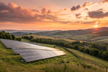Solar panels in a field at sunset, with rolling hills and a cloudy sky, representing renewable energy and sustainability