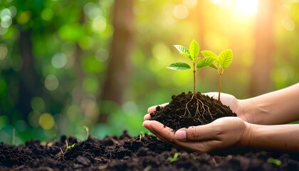 Hands carefully holding a young green plant seedling in rich soil.