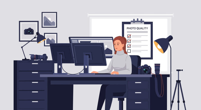 Female photographer reviewing pictures on a desktop computer in workspace