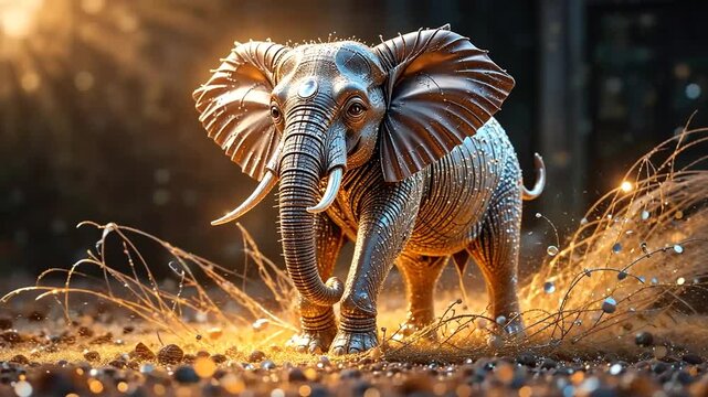 Metallic Elephant: Majestic Robot Animal in Golden Light, Futuristic Wildlife Concept