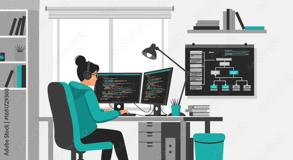 Wall mural software developer working in home office with modern digital interface