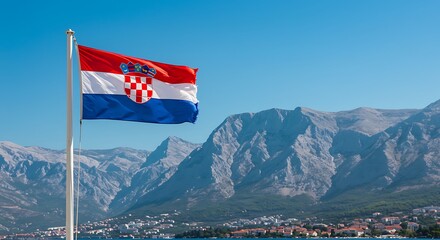 Croatian flag waving proudly against a backdrop of majestic mountains and clear sky