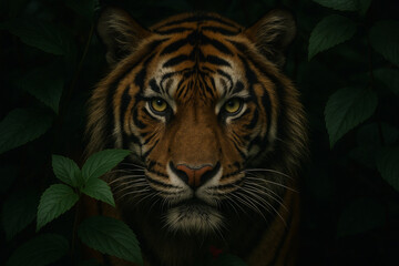 Majestic bengal tiger face partially hidden by lush green jungle foliage intense gaze