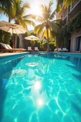 Obraz premium Relaxing turquoise swimming pool water with sun reflections, ideal for summer vacation brochures or website backgrounds Perfect for travel, holiday, and resort themes , summer, depth