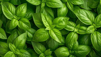 A vibrant close-up view of fresh, lush basil leaves, showcasing their rich green hues and intricate textures.