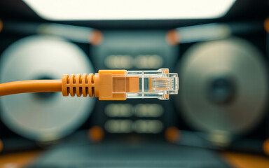 Orange Ethernet cable connector plugged into network equipment, conveying connectivity and technology.