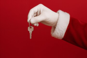 Santa Claus hand in white glove and red suit sleeve holding a silver house key on keyring, isolated on red background, symbolizing holiday gift, new home, or Christmas surprise.
