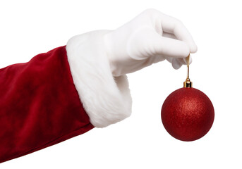Santa Claus hand in white glove holding a red Christmas ornament ball with golden hanger, isolated on background, symbolizing holiday decoration and festive celebration