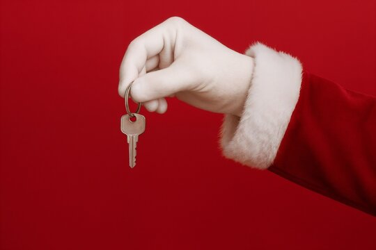 Santa Claus hand in white glove and red suit sleeve holding a silver house key on keyring, isolated on red background, symbolizing holiday gift, new home, or Christmas surprise.
