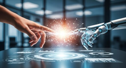 A human hand and a robotic arm touch each other on a futuristic interactive display, representing the convergence of human and artificial intelligence.